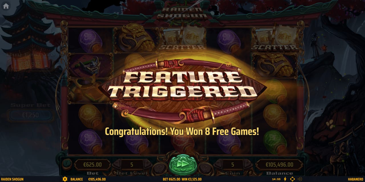 Raiden Shogun feature screen awarding eight Free Games